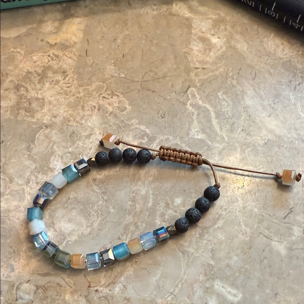 Genuine square faceted, crystal beaded and lava rock friendship bracelet OS